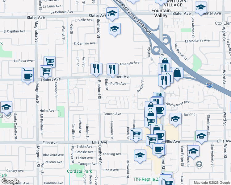 map of restaurants, bars, coffee shops, grocery stores, and more near 9678 Puffin Avenue in Fountain Valley