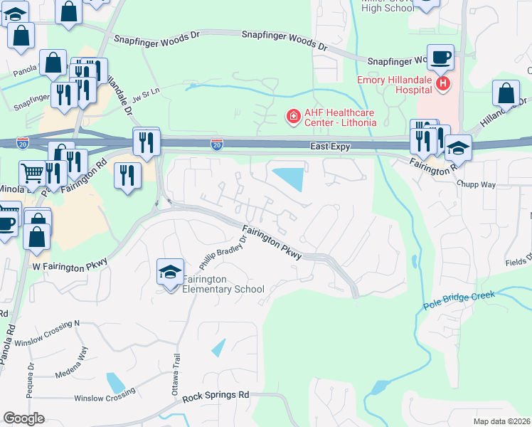 map of restaurants, bars, coffee shops, grocery stores, and more near 100 Walden Brook Drive in Lithonia