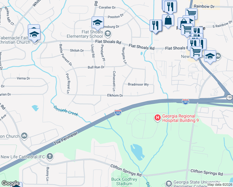 map of restaurants, bars, coffee shops, grocery stores, and more near 2932 Cohassett Lane in Decatur