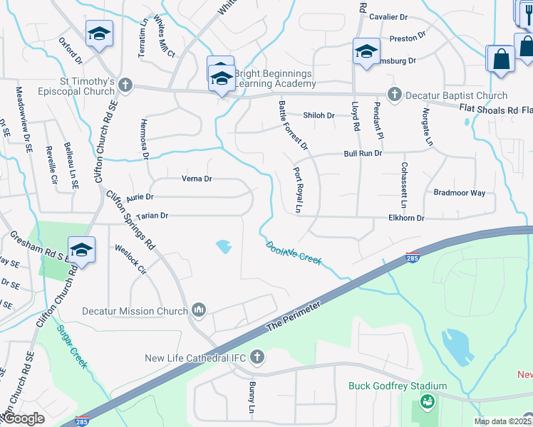 map of restaurants, bars, coffee shops, grocery stores, and more near 2429 Tarian Drive in Decatur