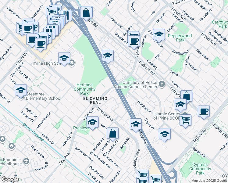 map of restaurants, bars, coffee shops, grocery stores, and more near in Irvine