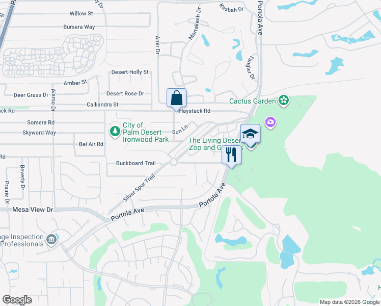 map of restaurants, bars, coffee shops, grocery stores, and more near 73640 Nez Perce Court in Palm Desert
