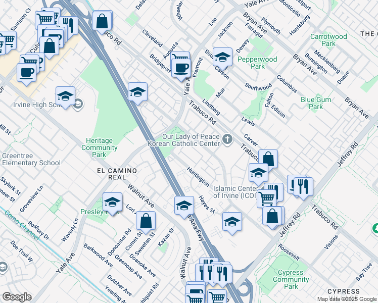 map of restaurants, bars, coffee shops, grocery stores, and more near 48 Van Buren in Irvine
