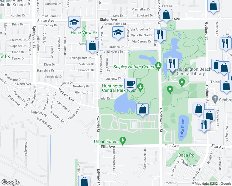 map of restaurants, bars, coffee shops, grocery stores, and more near 18081 Upperlake Circle in Huntington Beach