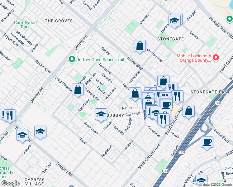 map of restaurants, bars, coffee shops, grocery stores, and more near 199 Groveland in Irvine