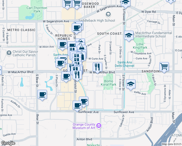 map of restaurants, bars, coffee shops, grocery stores, and more near 1001 West MacArthur Boulevard in Santa Ana