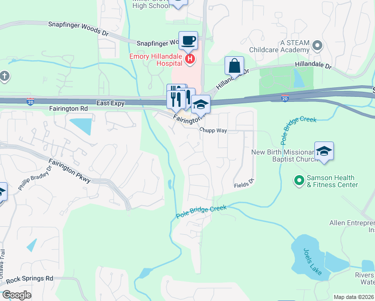 map of restaurants, bars, coffee shops, grocery stores, and more near 2972 Parc Lorraine in Stonecrest