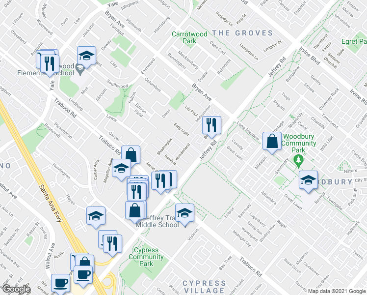 map of restaurants, bars, coffee shops, grocery stores, and more near 54 Tea Garden in Irvine