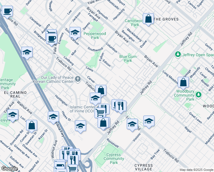 map of restaurants, bars, coffee shops, grocery stores, and more near 12 Crockett in Irvine