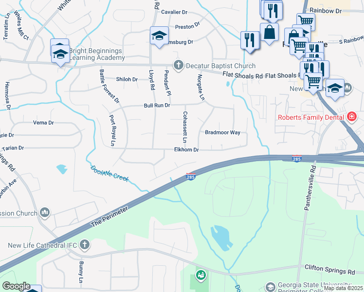 map of restaurants, bars, coffee shops, grocery stores, and more near 2932 Cohassett Lane in Decatur