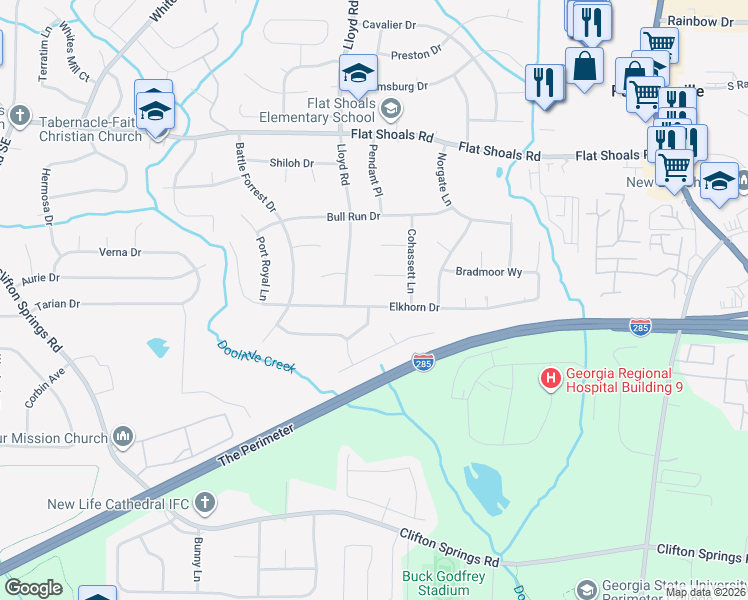 map of restaurants, bars, coffee shops, grocery stores, and more near 2588 Elkhorn Drive in Decatur