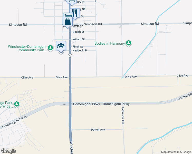 map of restaurants, bars, coffee shops, grocery stores, and more near Olive Street in Winchester
