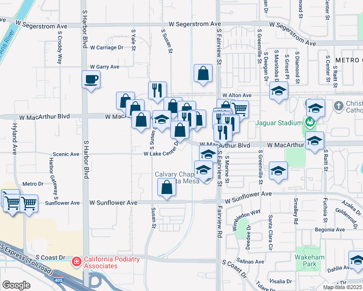 map of restaurants, bars, coffee shops, grocery stores, and more near 3101 West MacArthur Boulevard in Santa Ana