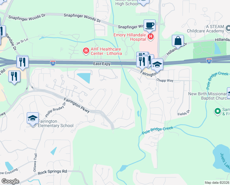 map of restaurants, bars, coffee shops, grocery stores, and more near 8306 Fairington Village Drive in Stonecrest