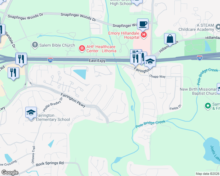 map of restaurants, bars, coffee shops, grocery stores, and more near 8204 Fairington Village Drive in Stonecrest
