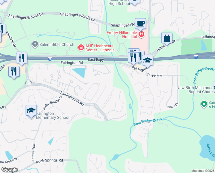 map of restaurants, bars, coffee shops, grocery stores, and more near 8306 Fairington Village Drive in Stonecrest