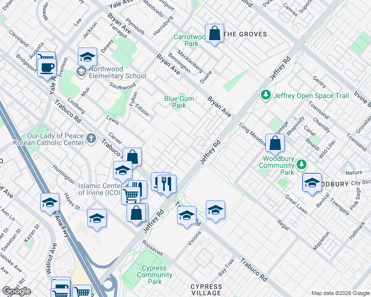 map of restaurants, bars, coffee shops, grocery stores, and more near 54 Tea Garden in Irvine
