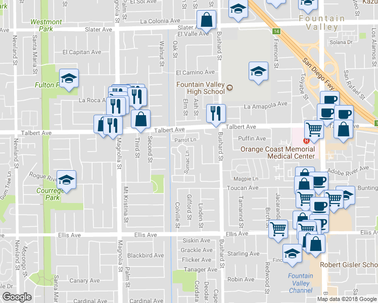 map of restaurants, bars, coffee shops, grocery stores, and more near 120 Sumac Lane in Fountain Valley