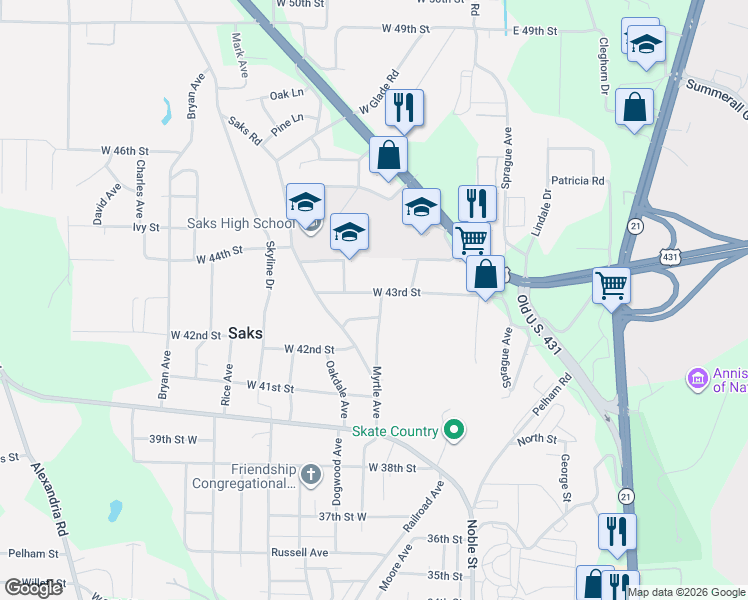 map of restaurants, bars, coffee shops, grocery stores, and more near 215 West 43rd Street in Anniston