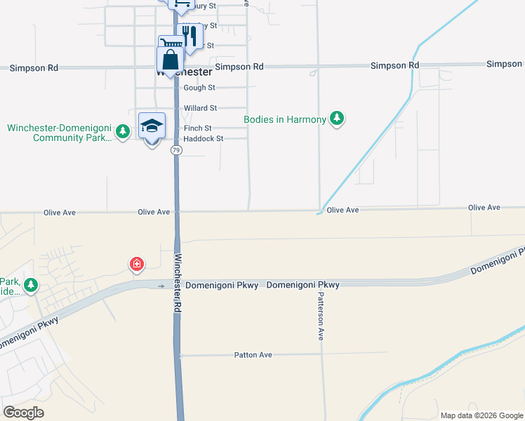 map of restaurants, bars, coffee shops, grocery stores, and more near Olive Avenue in Winchester