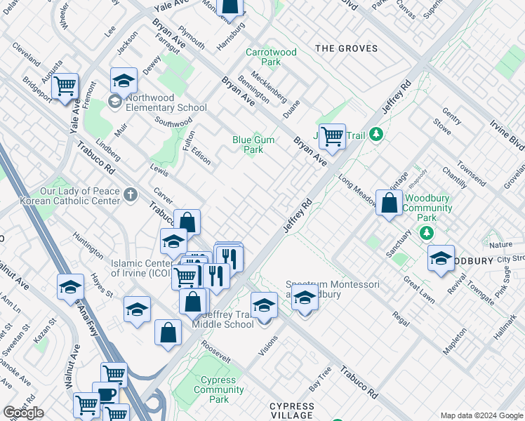 map of restaurants, bars, coffee shops, grocery stores, and more near 54 Tea Garden in Irvine