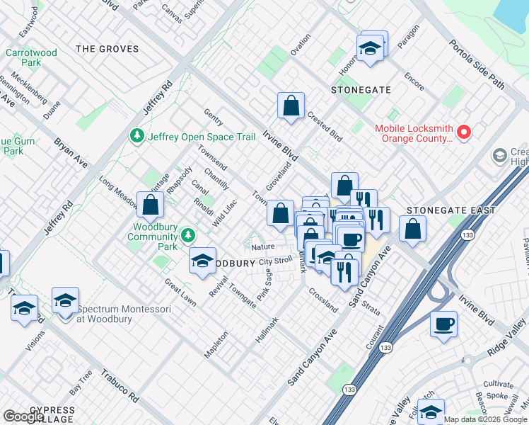map of restaurants, bars, coffee shops, grocery stores, and more near 21 Costa Brava in Irvine