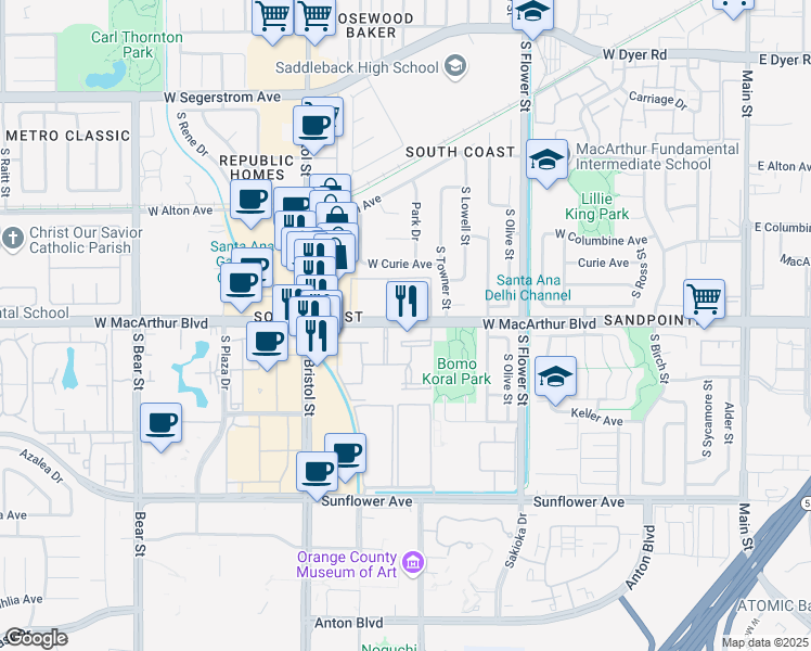 map of restaurants, bars, coffee shops, grocery stores, and more near 1001 West MacArthur Boulevard in Santa Ana