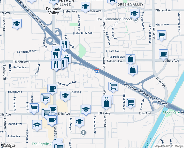 map of restaurants, bars, coffee shops, grocery stores, and more near 18088 Yosemite Court in Fountain Valley