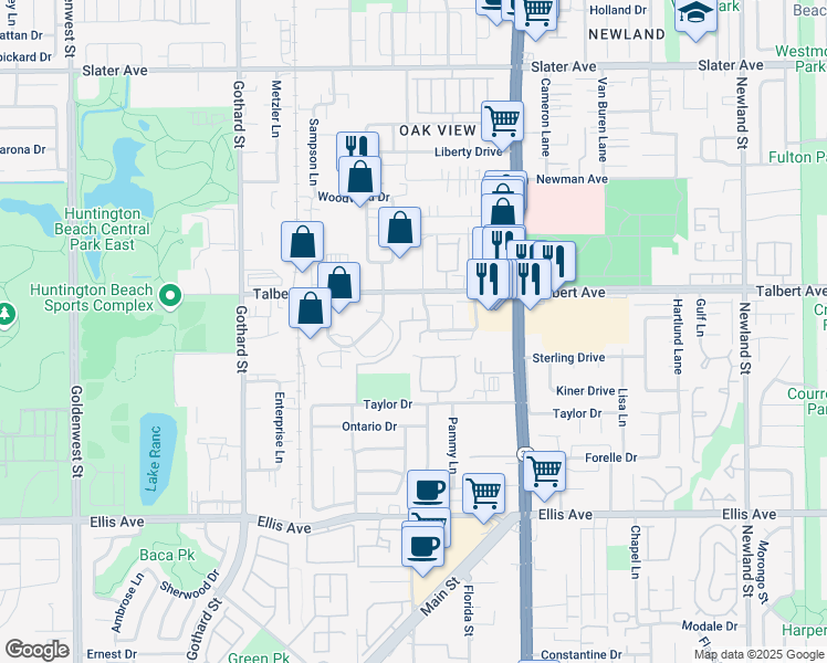 map of restaurants, bars, coffee shops, grocery stores, and more near 18151 Jolly Lane in Huntington Beach