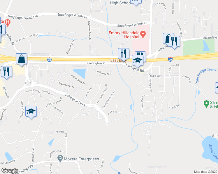 map of restaurants, bars, coffee shops, grocery stores, and more near 8202 Fairington Village Drive in Stonecrest