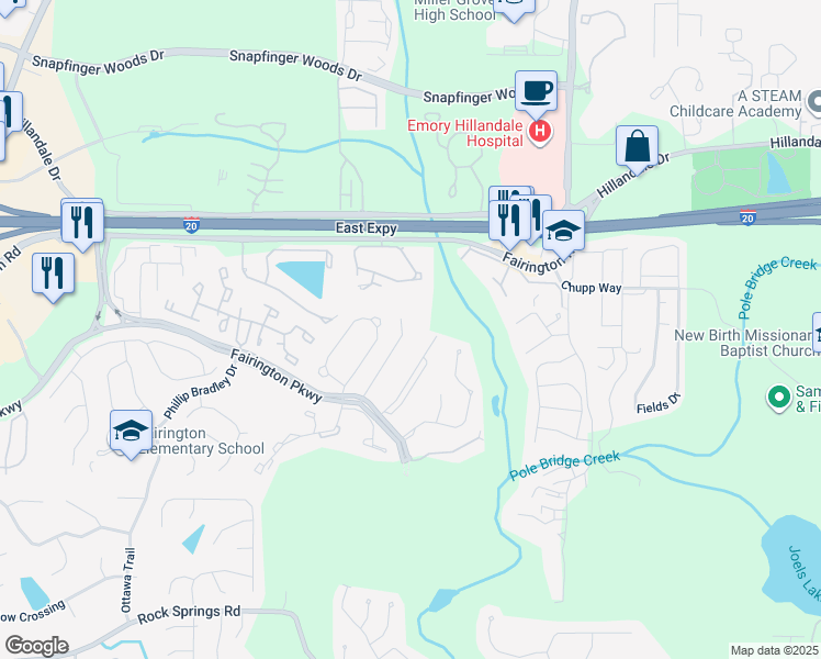 map of restaurants, bars, coffee shops, grocery stores, and more near 8201 Fairington Village Drive in Stonecrest