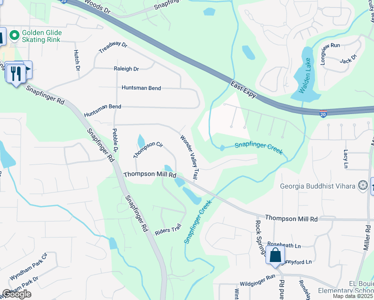 map of restaurants, bars, coffee shops, grocery stores, and more near 4647 Wonder Valley Trail in Decatur