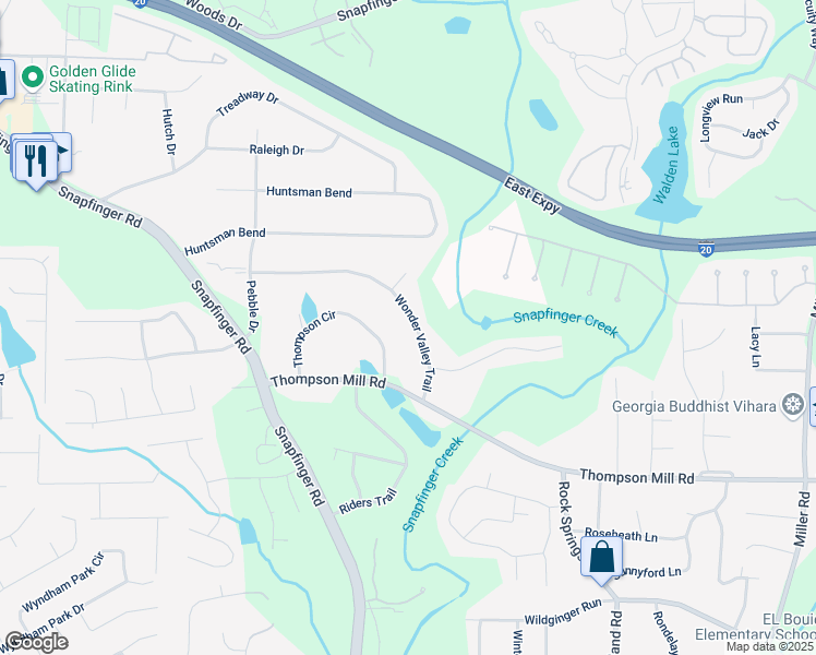 map of restaurants, bars, coffee shops, grocery stores, and more near 4647 Wonder Valley Trail in Decatur