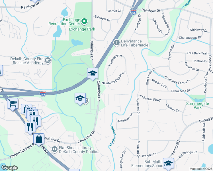 map of restaurants, bars, coffee shops, grocery stores, and more near 2919 Newberry Downs Lane in Decatur