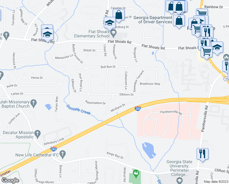 map of restaurants, bars, coffee shops, grocery stores, and more near 2601 Laurice Court in Decatur