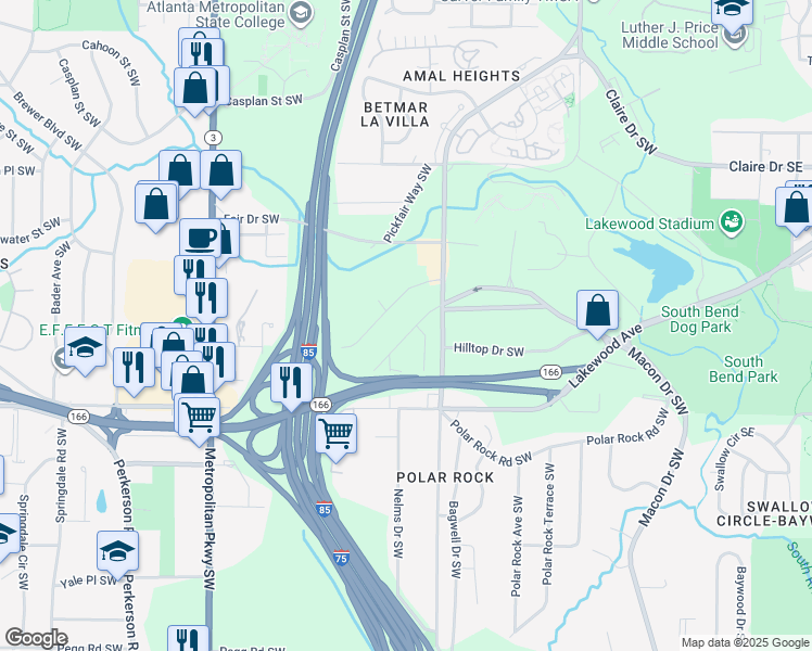 map of restaurants, bars, coffee shops, grocery stores, and more near 354 Saint Johns Avenue Southwest in Atlanta