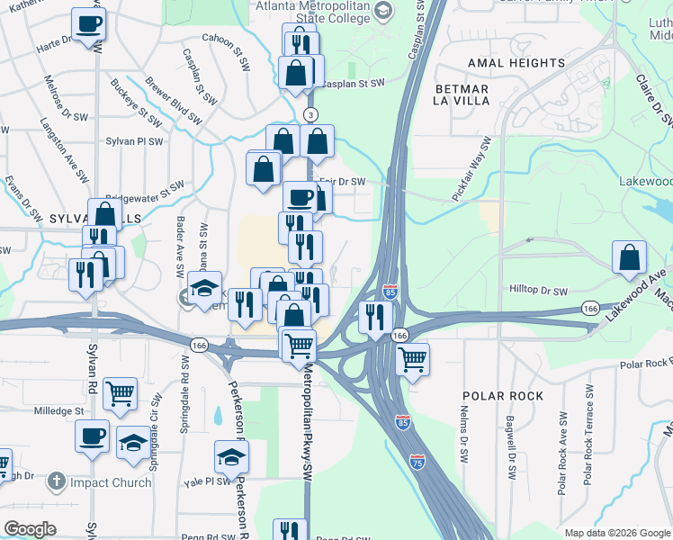 map of restaurants, bars, coffee shops, grocery stores, and more near 565 Saint Johns Avenue Southwest in Atlanta