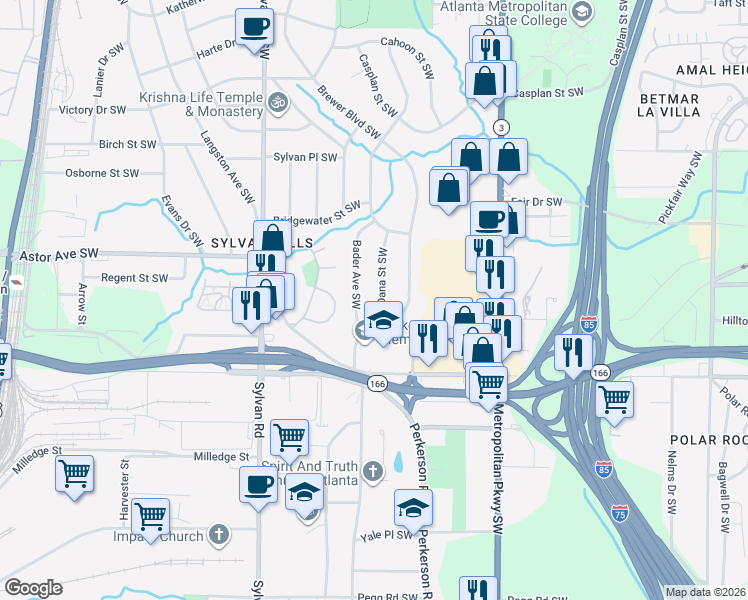 map of restaurants, bars, coffee shops, grocery stores, and more near 1982 Bader Avenue Southwest in Atlanta