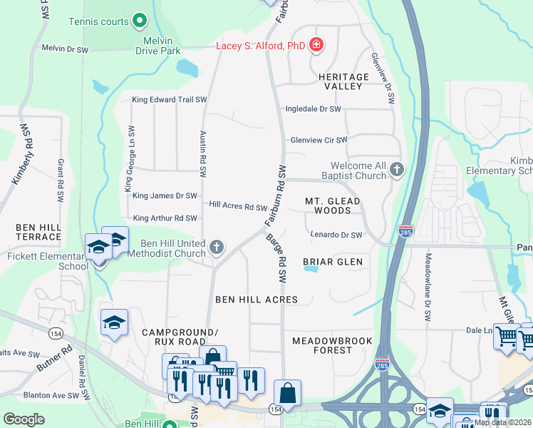 map of restaurants, bars, coffee shops, grocery stores, and more near 2005 Fairburn Road Southwest in Atlanta