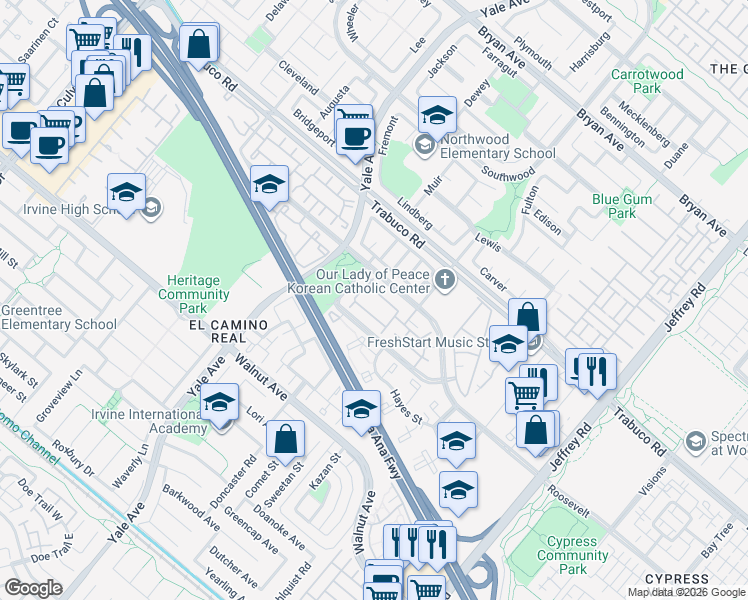 map of restaurants, bars, coffee shops, grocery stores, and more near 121 Remington in Irvine