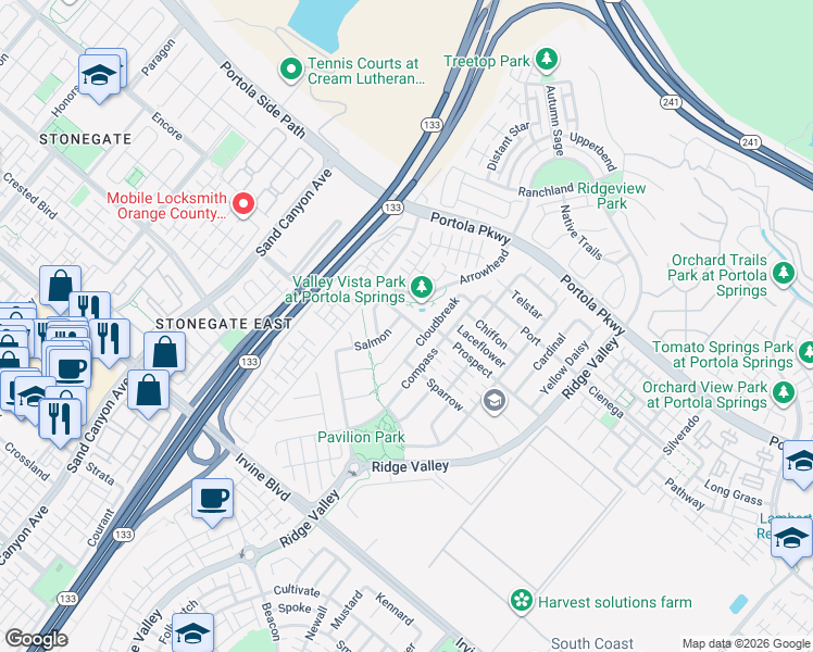 map of restaurants, bars, coffee shops, grocery stores, and more near 153 Speckled Alder in Irvine