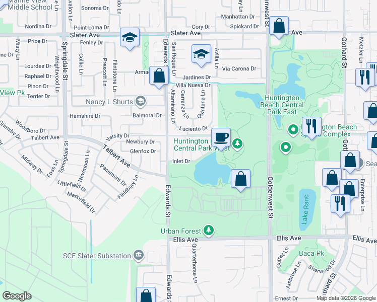 map of restaurants, bars, coffee shops, grocery stores, and more near 18071 Westlake Circle in Huntington Beach