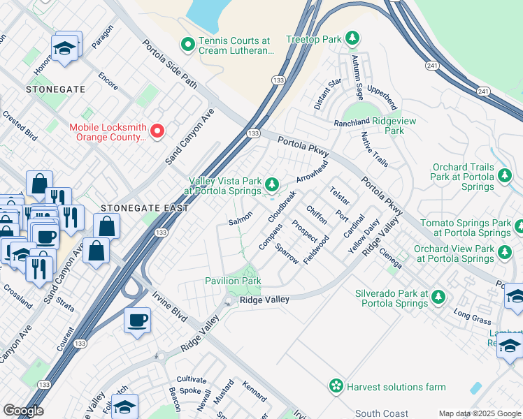 map of restaurants, bars, coffee shops, grocery stores, and more near 167 Loneflower in Irvine