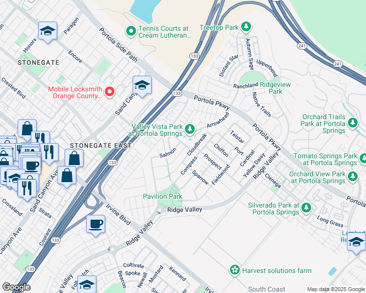 map of restaurants, bars, coffee shops, grocery stores, and more near 167 Loneflower in Irvine