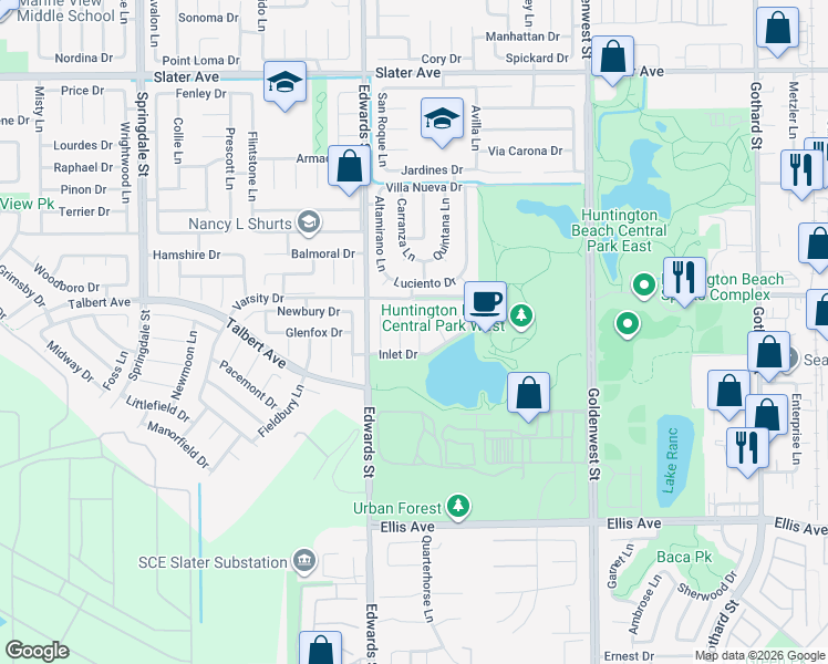 map of restaurants, bars, coffee shops, grocery stores, and more near 18071 Westlake Circle in Huntington Beach