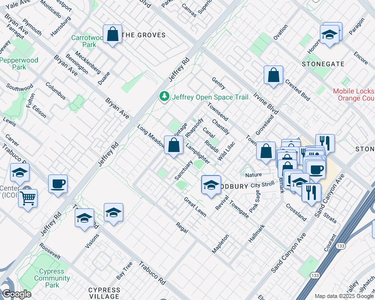 map of restaurants, bars, coffee shops, grocery stores, and more near 142 Pantheon in Irvine