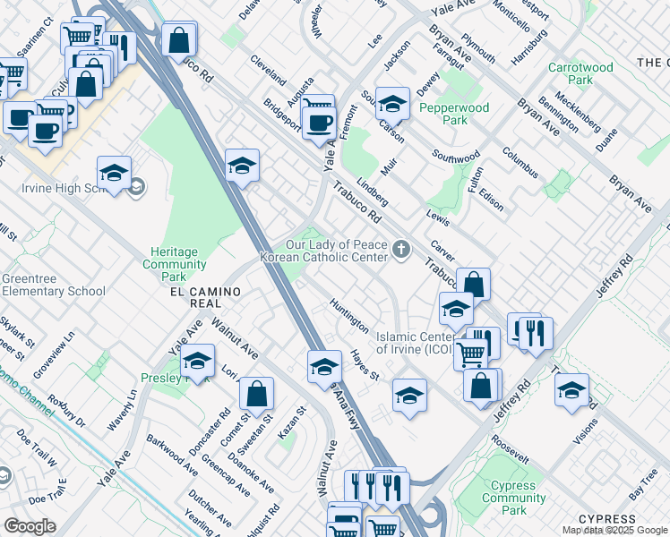 map of restaurants, bars, coffee shops, grocery stores, and more near 115 Remington in Irvine