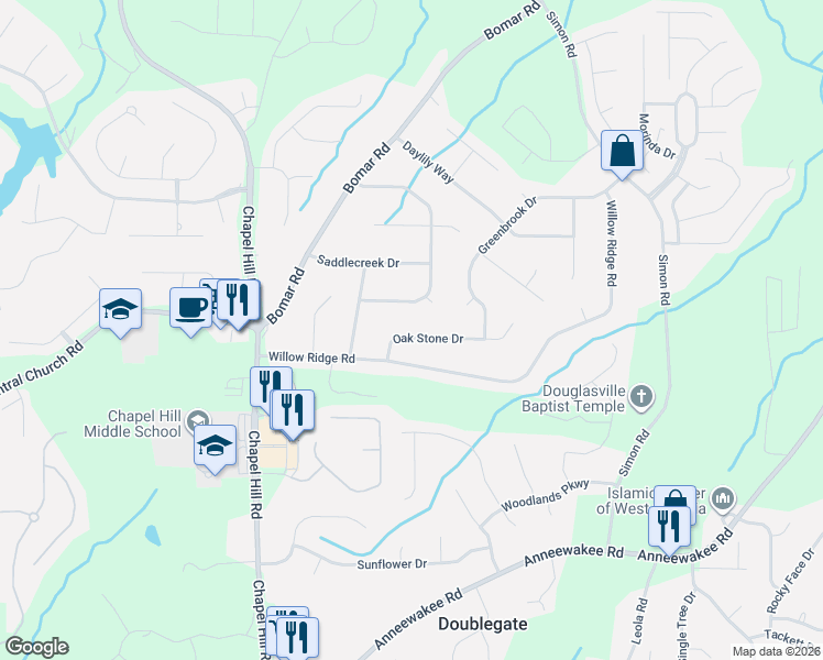 map of restaurants, bars, coffee shops, grocery stores, and more near 4091 Oak Stone Drive in Douglasville