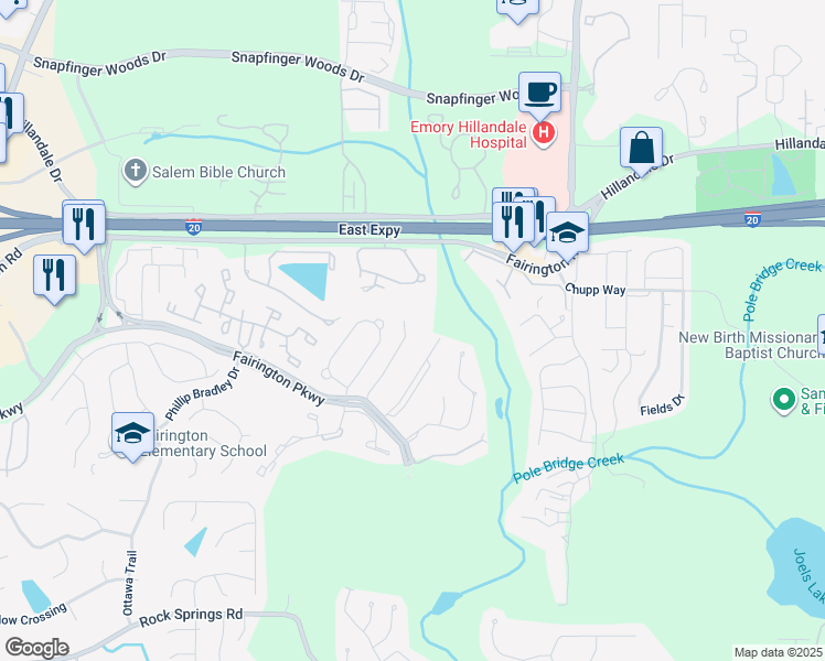 map of restaurants, bars, coffee shops, grocery stores, and more near 8306 Fairington Village Drive in Stonecrest