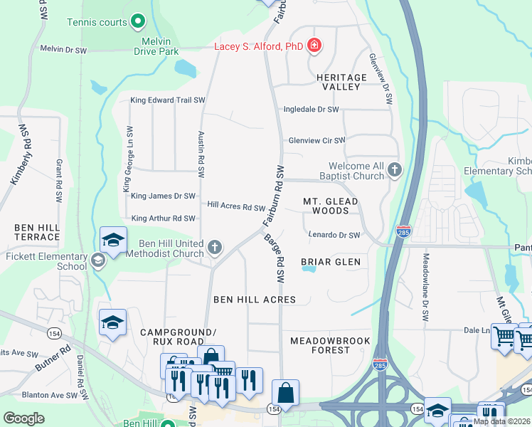 map of restaurants, bars, coffee shops, grocery stores, and more near 2005 Fairburn Road Southwest in Atlanta